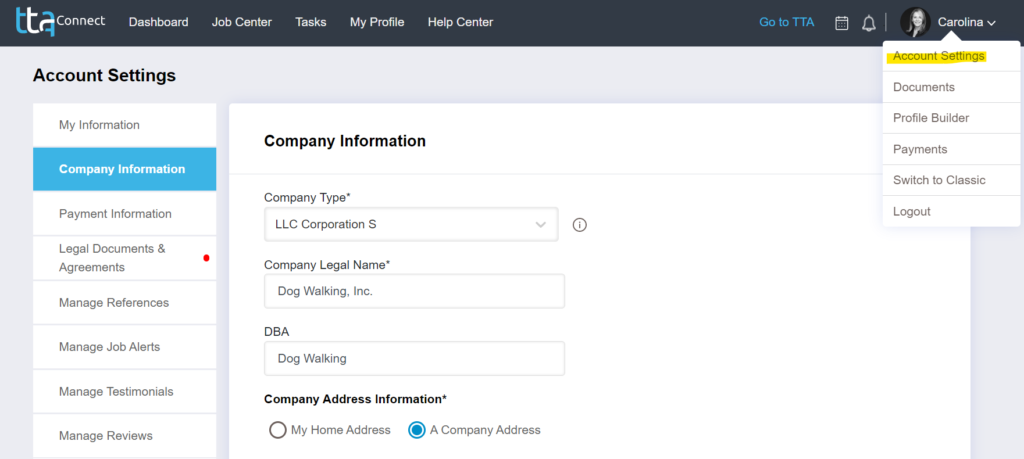 Company Information - Account Settings